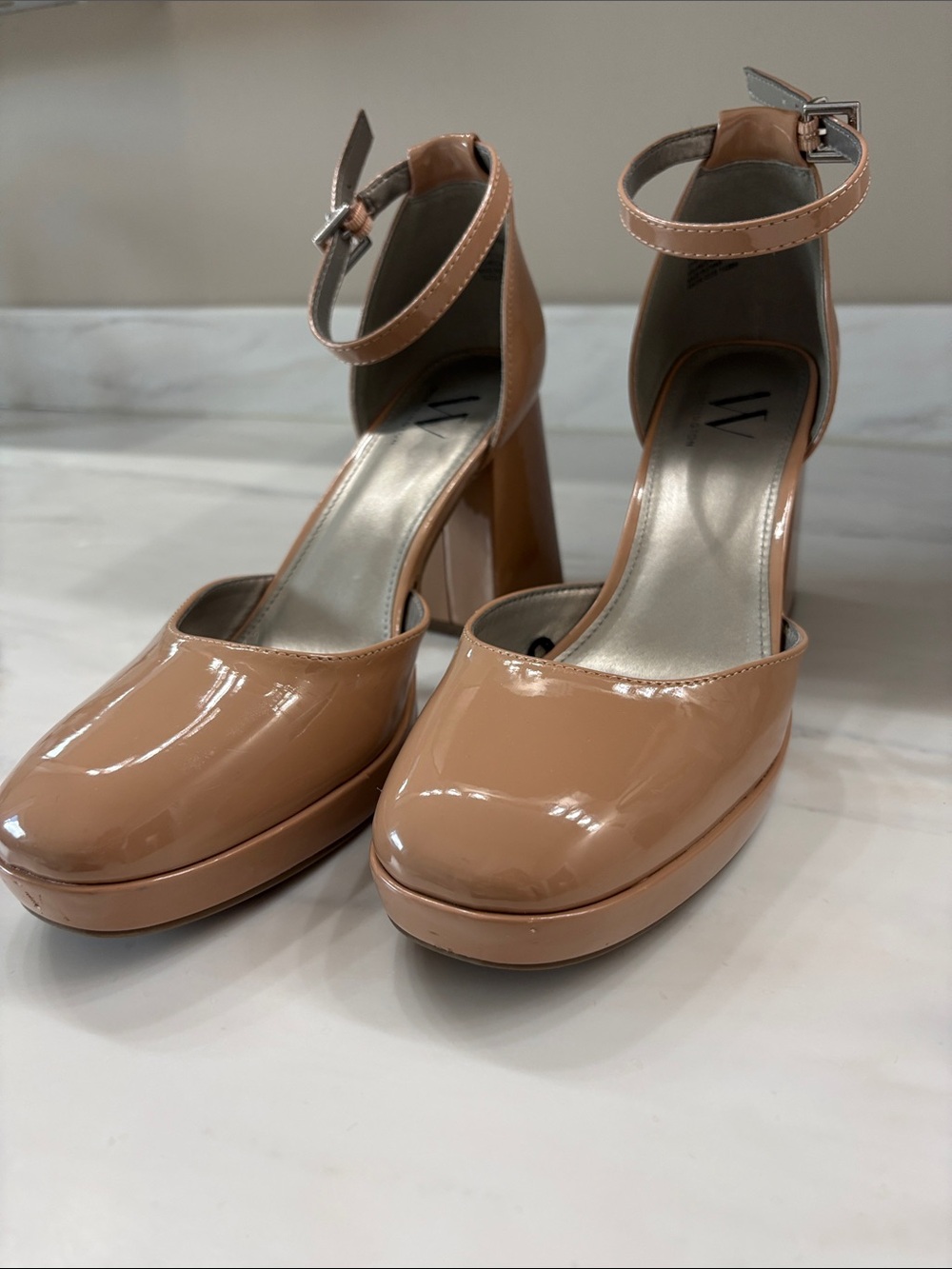 Worthington Nude Patent Platform Ankle-Strap Block Heels